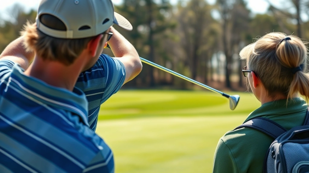 Close-up of a professional golf instructor demonstrating proper swing technique to attentive students on a practice range, natural outdoor lighting