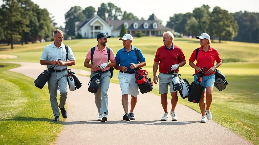 Group of diverse golfers of various ages walking together on a golf course path carrying bags, smiling and conversing, clubhouse visible in distance