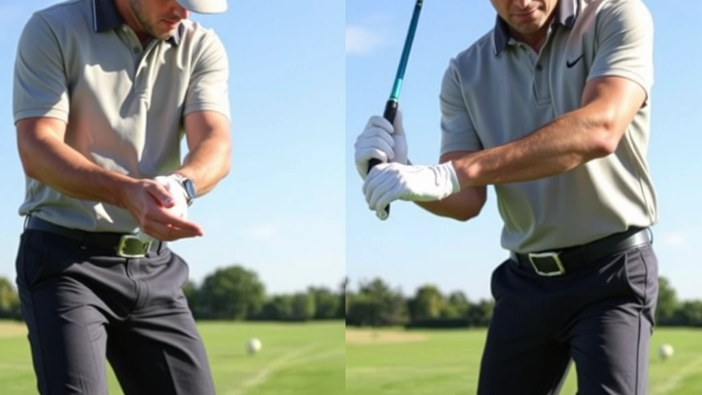 Professional golfer demonstrating proper grip and stance during swing instruction, showing correct hand positioning and body alignment on practice range