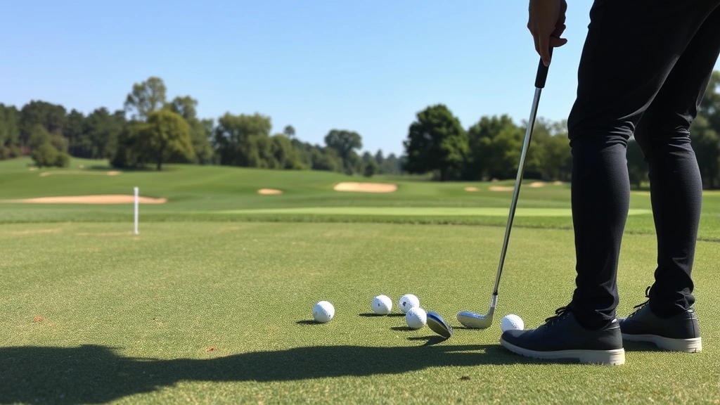 Golfer practicing short game shots near green with focus on chipping technique, multiple golf balls scattered on practice area with concentration evident