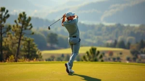 Professional golfer mid-swing on elevated fairway with natural landscape background, morning sunlight, demonstrating proper form and posture during full swing execution