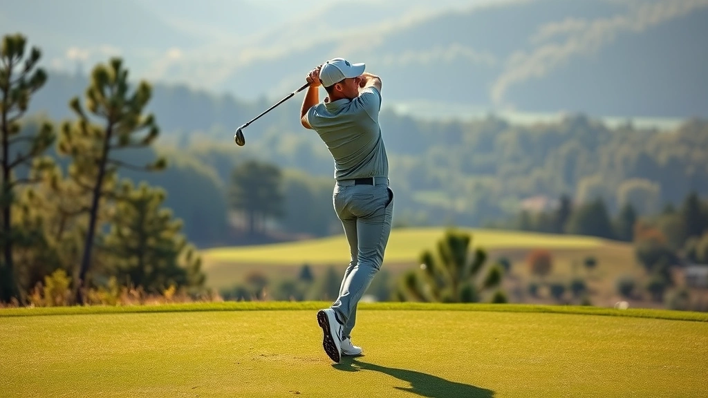 Professional golfer mid-swing on elevated fairway with natural landscape background, morning sunlight, demonstrating proper form and posture during full swing execution
