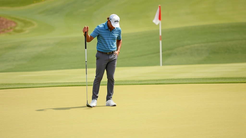 Golfer standing on green assessing slope and contours before putting, studying green topography with focused expression, manicured course grass and pin visible in background