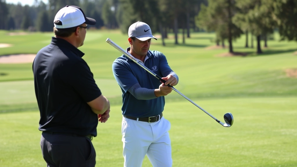 Professional golf instructor demonstrating proper swing technique to adult student on practice range with manicured fairway and trees in background, showing club position and body alignment