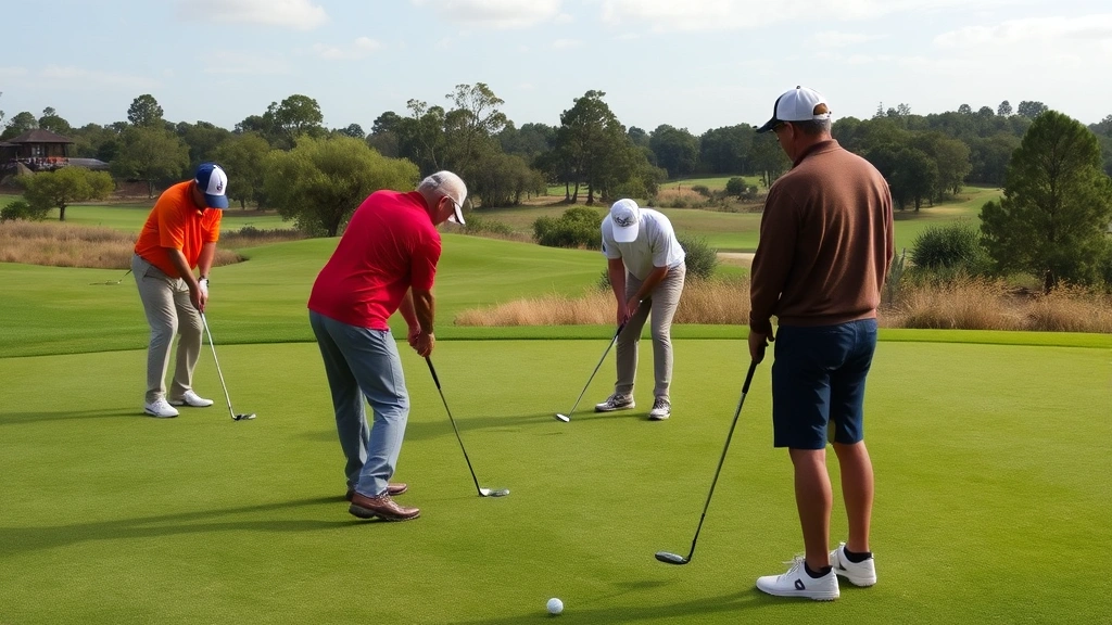 Group of diverse golfers practicing short game shots on putting green with instructor observing, showing chipping and pitching practice setup with varied lie conditions