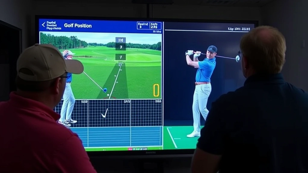 High-speed video analysis screen displaying golf swing mechanics with instructor and student reviewing swing sequence, showing club path and body position data overlay