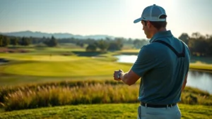 Professional golfer analyzing fairway terrain and water hazards from tee box perspective, studying course layout strategically in morning light