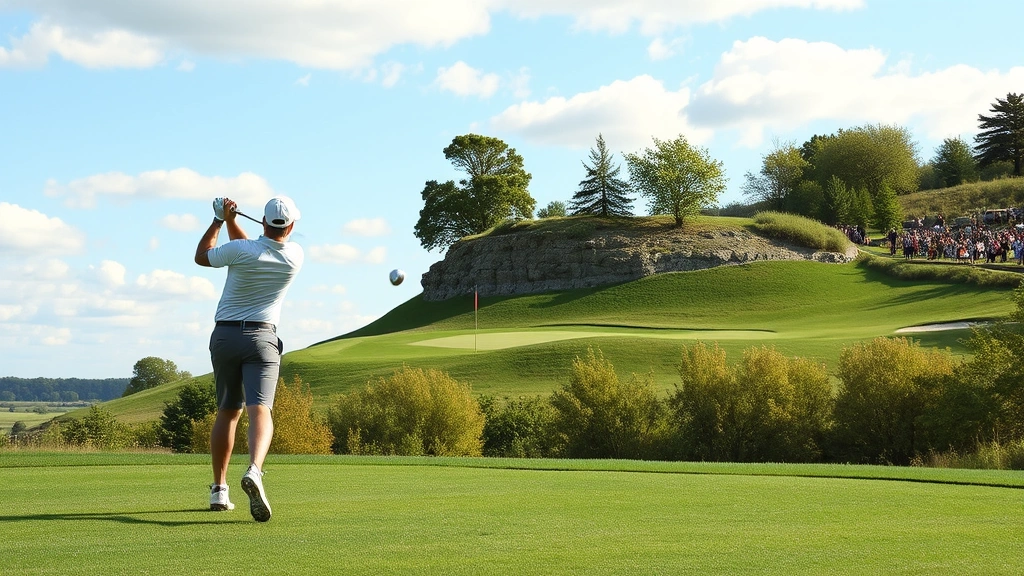 Golfer executing approach shot from fairway toward elevated green with natural Ohio landscape, demonstrating disciplined shot execution and positioning