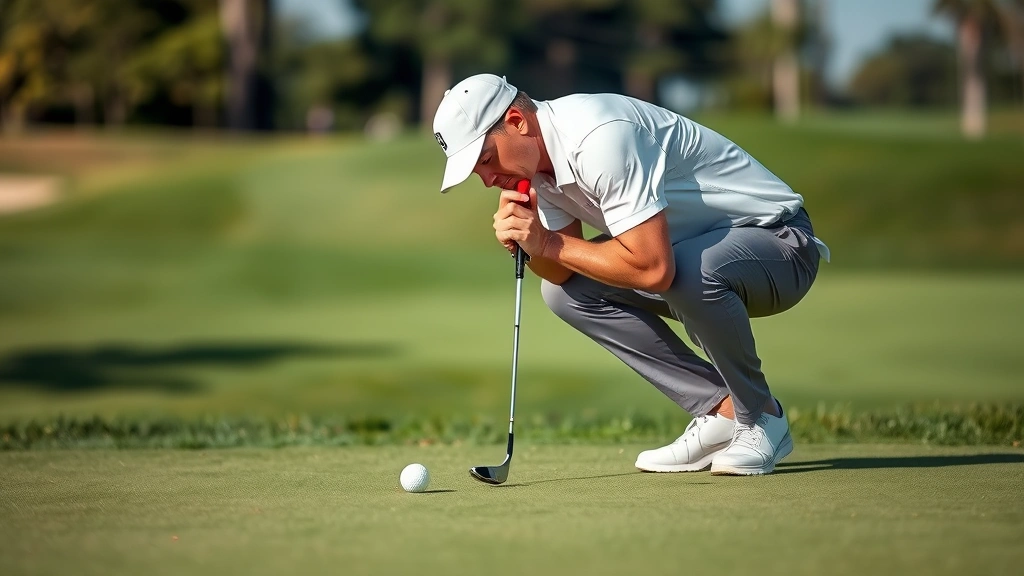 Golfer carefully reading green slopes and contours while crouching on putting surface, analyzing break lines and speed with professional concentration