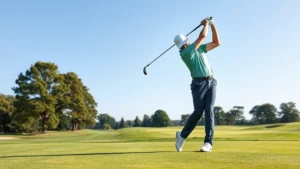 Professional golfer executing perfect swing on manicured fairway with clear blue sky, demonstrating proper form and balance during full-length shot