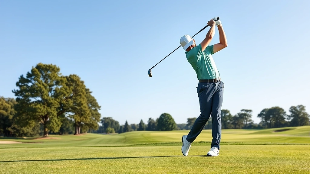 Professional golfer executing perfect swing on manicured fairway with clear blue sky, demonstrating proper form and balance during full-length shot
