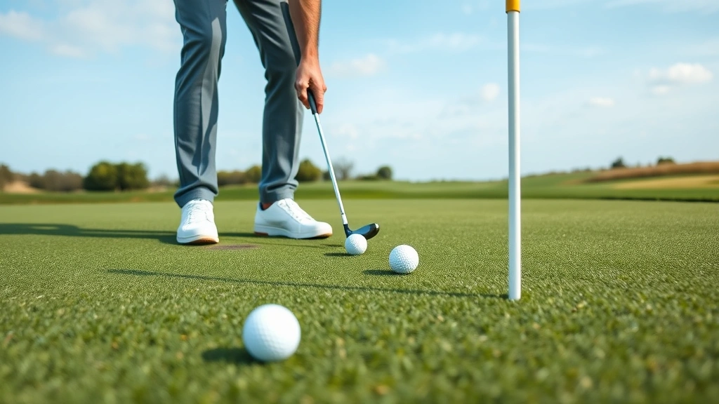 Golfer practicing short game on practice green with multiple golf balls scattered, focusing on chipping and pitching technique near pin