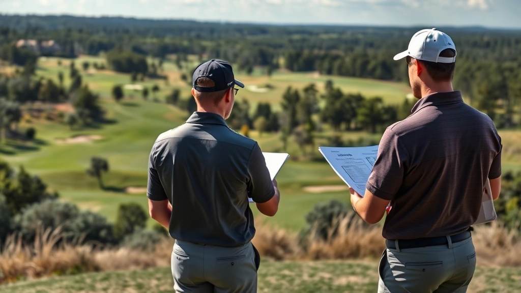 Golfer studying course layout and planning strategy while standing on tee box overlooking fairway with trees and hazards visible in landscape