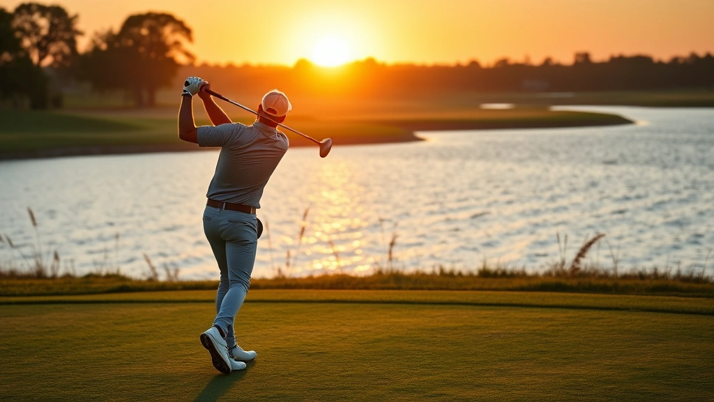 Professional golfer mid-swing at sunrise on manicured fairway with water hazard in background, natural lighting, athletic form