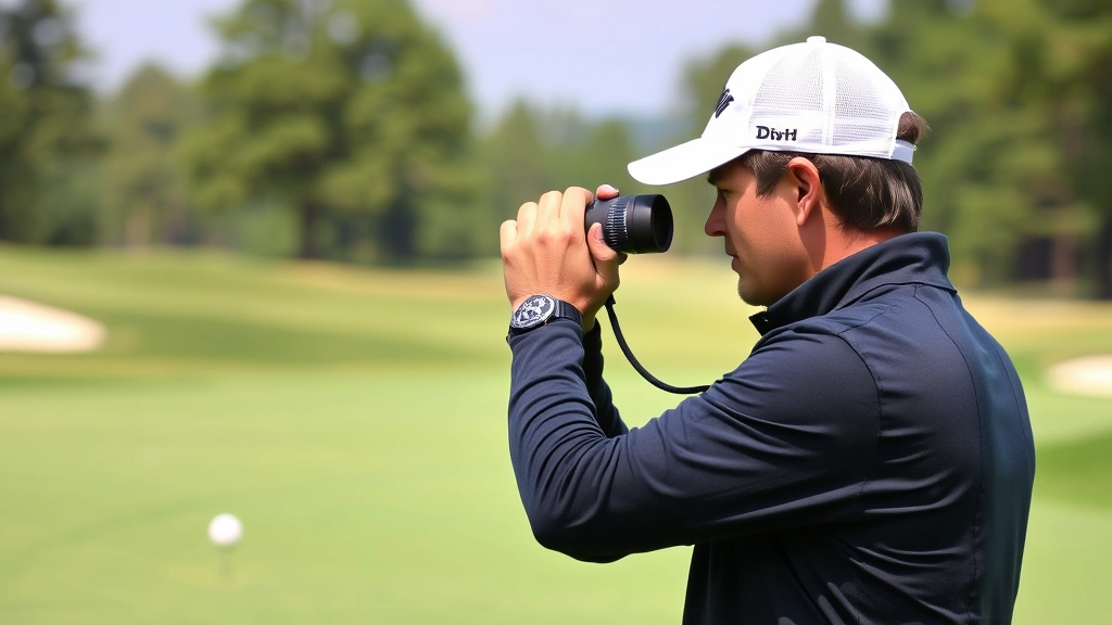 Golfer analyzing green with rangefinder, studying slope patterns on putting surface, focused concentration, professional attire