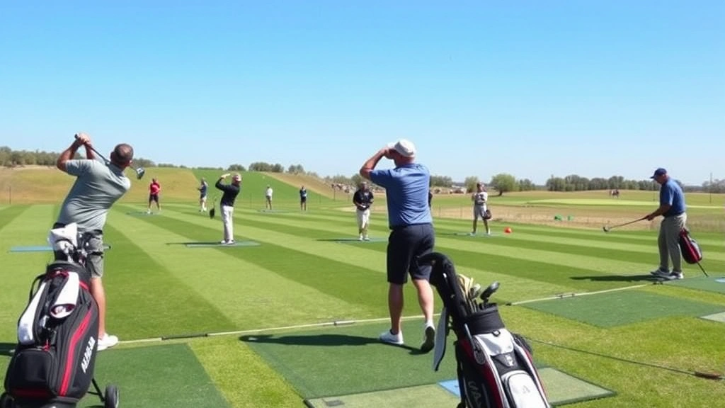 Practice range with multiple golfers hitting shots at various distances, training bags visible, clear blue sky, instructional environment