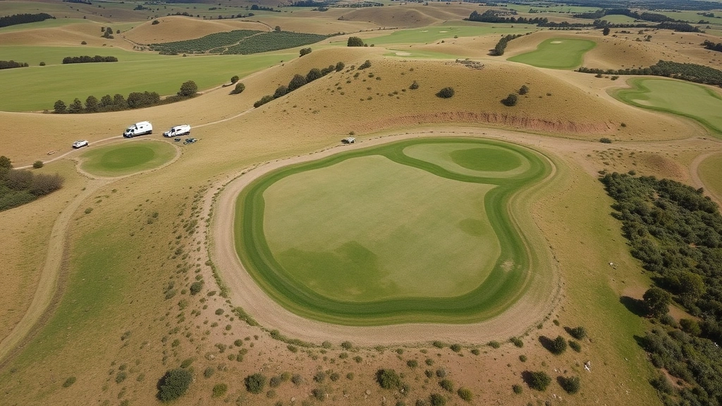 Aerial drone view of undeveloped blank golf course land with rolling hills, natural vegetation, and surveying equipment scattered across the landscape, showing the initial stage of course design and site analysis.