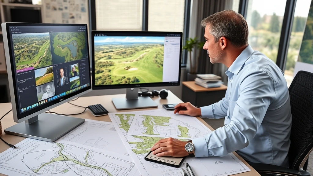 Professional golf course designer and landscape architect reviewing topographic plans and 3D models on computer workstation with surveying maps and course layout drawings spread across desk in modern office.