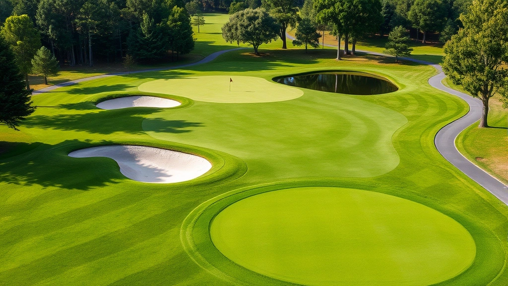 Completed championship golf hole with manicured fairway, strategic bunkers, water hazard reflecting trees, lush green complex with subtle contours, cart path alongside, showing professional golf course design excellence and playability.