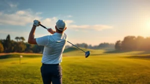 Professional golfer executing a tee shot on a well-manicured fairway with morning light, focused expression, precision club positioning, realistic golf course environment