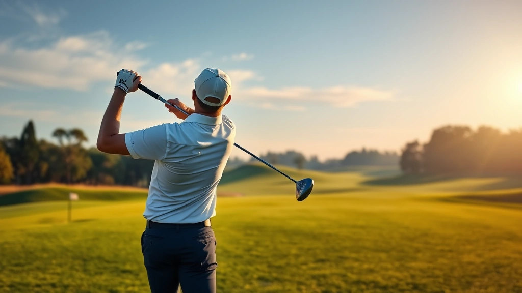 Professional golfer executing a tee shot on a well-manicured fairway with morning light, focused expression, precision club positioning, realistic golf course environment