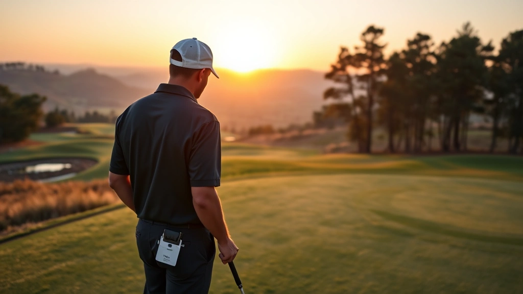Professional golfer analyzing green contours at sunrise on an elevated tee box overlooking rolling fairway with water hazard and bundled trees in background, wearing polo shirt and cap, holding putter