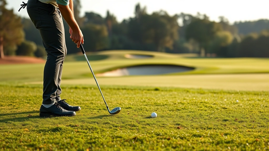 Golfer executing chip shot from rough near green with bunker visible, demonstrating proper stance and swing mechanics, manicured golf course landscape with morning dew on grass
