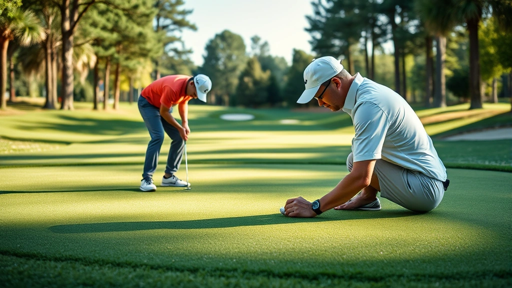Experienced golfer reading green surface from multiple angles, studying slope and elevation changes with analytical focus, realistic putting green environment with natural lighting