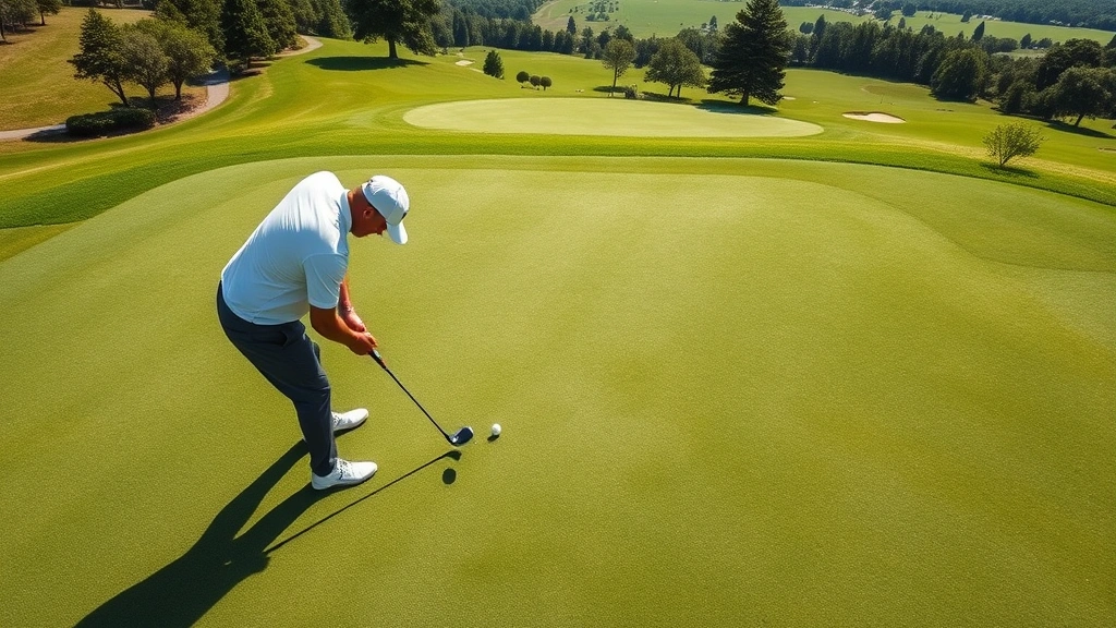 Overhead view of golfer on putting green reading break, bent over studying line with putter in hand, pristine green with distant fairway and tree line, natural daylight
