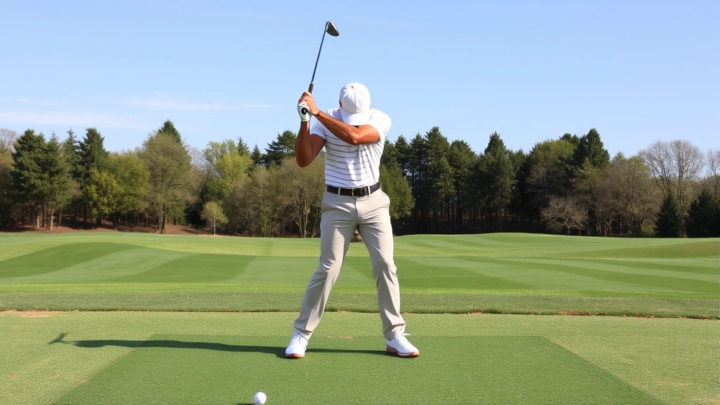 Professional golfer demonstrating proper golf swing stance and posture on a practice range with grass and trees in background, showing athletic setup position with good alignment