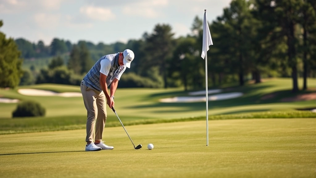 Golfer chipping near green with focused concentration, ball in air approaching flagstick, manicured course fairway and bunkers visible in background during daylight