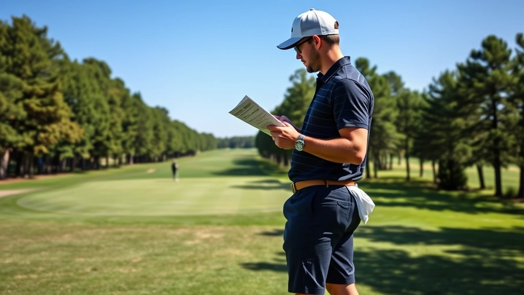 Golfer standing on tee box reviewing scorecard and course strategy, looking down fairway with trees lining both sides, contemplative planning pose on a sunny day