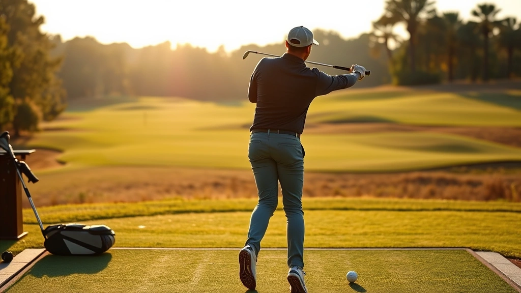 Golfer in professional stance at driving range with perfect posture and alignment, hitting a golf ball with club at address position, morning sunlight on course