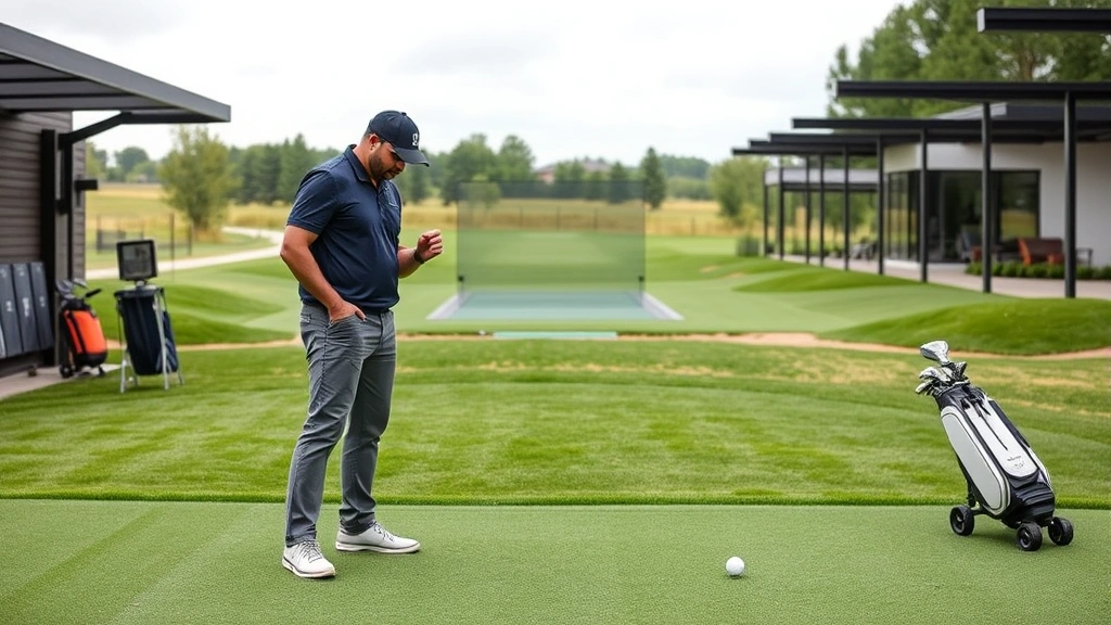 Instructor providing feedback to student golfer during practice session at range, both looking at golf ball trajectory, modern practice facility in background