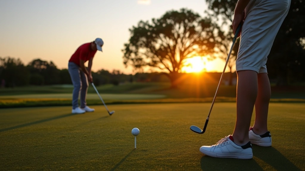 Golfer putting on practice green at sunset, focused concentration on short putt, well-maintained grass and pin visible, peaceful learning environment