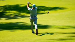 Professional golfer mid-swing on manicured fairway with pristine greens in background, natural sunlight casting shadows, lush grass texture visible