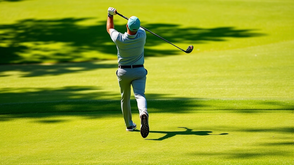 Professional golfer mid-swing on manicured fairway with pristine greens in background, natural sunlight casting shadows, lush grass texture visible