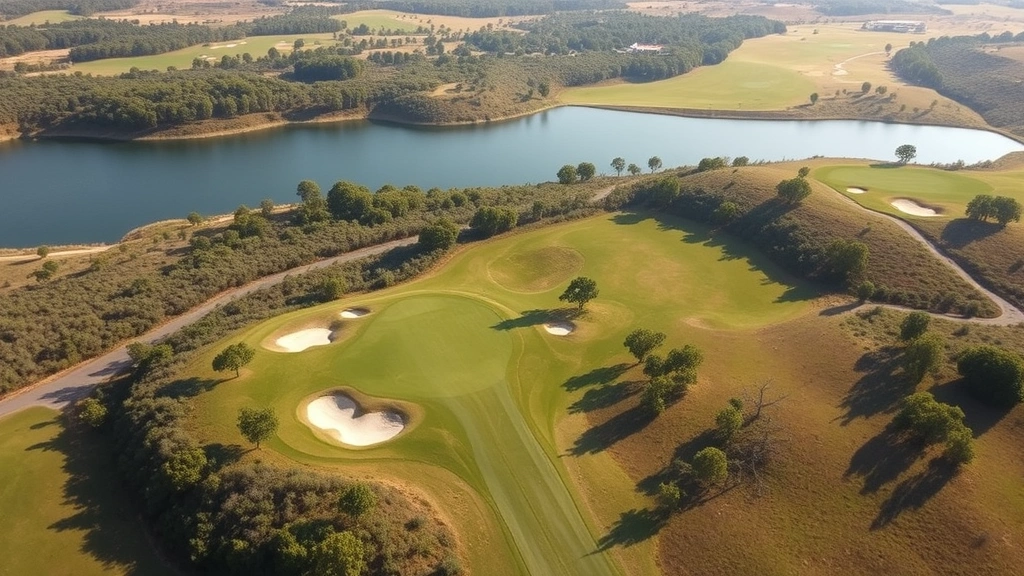 Elevated view of golf course landscape showing water hazard, strategically placed bunkers, tree-lined fairway, natural terrain undulation