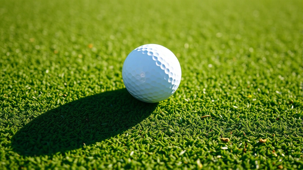 Close-up of golf ball on immaculate green with subtle break patterns visible, professional turf maintenance quality, natural lighting