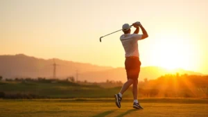 Professional golfer mid-swing at sunrise on manicured fairway with mountains in background, perfect form and athletic posture, golden light illuminating motion