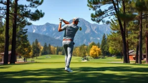 Golfer in athletic stance preparing to swing, mountain landscape background, professional golf attire, bright daylight on manicured fairway with trees framing the shot