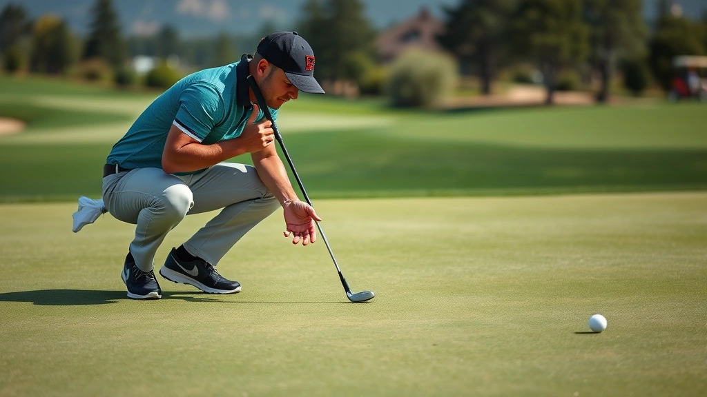 Golfer crouching to read putting green, analyzing break and slope, professional golf environment, hands gesturing to indicate green contours, scenic course surroundings