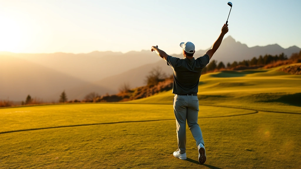 Golfer celebrating successful shot, arms raised in triumph on fairway, mountain views in background, natural lighting during golden hour, professional golf setting with pristine grass
