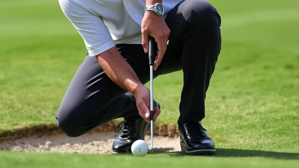 Golfer executing a precision short game chip shot near the green with sand bunker visible, showing concentrated posture and club positioning during delicate approach shot
