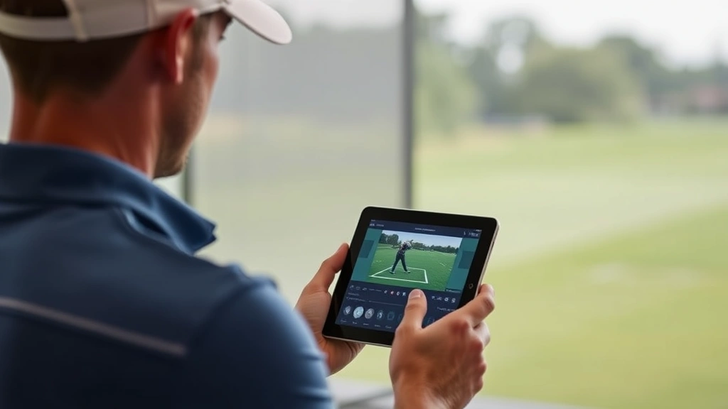 Golfer reviewing swing mechanics using video analysis technology on tablet at practice facility, displaying professional coaching feedback session with neutral background