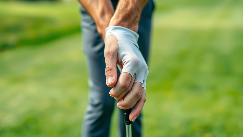 Professional golfer demonstrating proper grip on golf club, hands close-up showing finger positioning and alignment, natural outdoor golf course setting with green fairway blurred in background