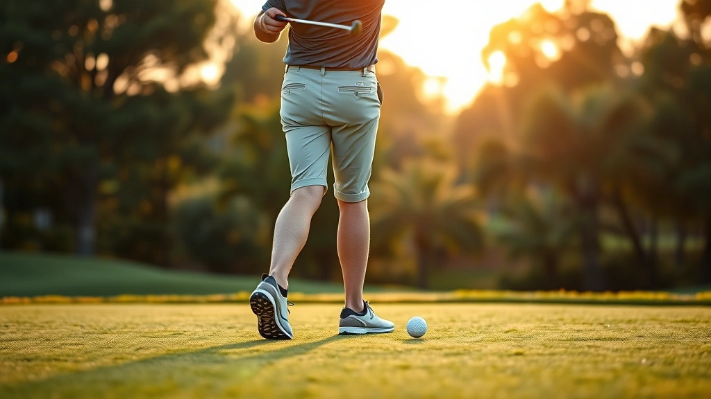 Golfer in athletic stance addressing the ball, showing proper posture with slight knee bend and spine angle, golden hour lighting on practice range with manicured grass, no text visible