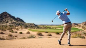Professional golfer mid-swing at desert golf course with clear blue sky, sandy terrain, and green fairway visible in background
