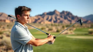 Young college student in polo shirt concentrating during golf swing on practice range with Nevada desert landscape in background, morning sunlight, focused expression