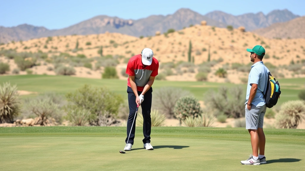 Golf coach demonstrating proper putting technique on green with student golfer watching, desert landscape behind them, natural daylight